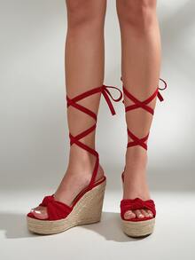麂皮結飾編織條帶坡跟涼鞋 - 紅色 - 查看 4