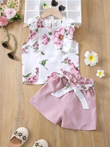 SHEIN 小女童印花荷葉邊襯衫和附腰帶短褲 - 彩色 - 查看 1