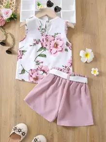 SHEIN 小女童印花荷葉邊襯衫和附腰帶短褲 - 彩色 - 查看 2