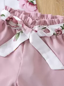 SHEIN 小女童印花荷葉邊襯衫和附腰帶短褲 - 彩色 - 查看 5