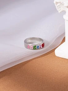 愛心和字母圖案戒指 - 銀色 - 查看 3