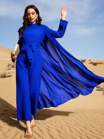 Al Najma Shoulder Pads Coat Modest Long Sleeve Abaya & Mock Neck Belted Jumpsuit