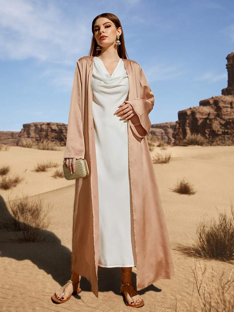 Al Najma Abrigo manga de campana con cinturón de satén & Vestido de cuello con fruncido - Multicolor - Añade 1