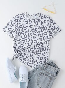 SHEIN LUNE Leopard Print Round Neck Tee - White - View 1