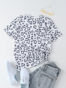 SHEIN LUNE Leopard Print Round Neck Tee - White - View 2