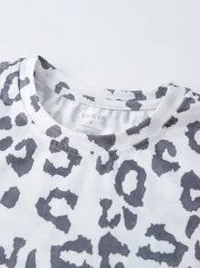 SHEIN LUNE Leopard Print Round Neck Tee - White - View 4