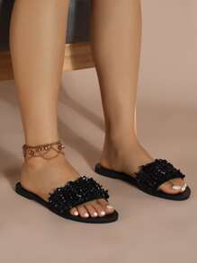 Sequins Decor Slide Sandals - Black - View 3