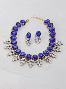 1 sợi dây chuyền đá quý và 1 đôi bông tai đá quý - Xanh đậm - Xem 2