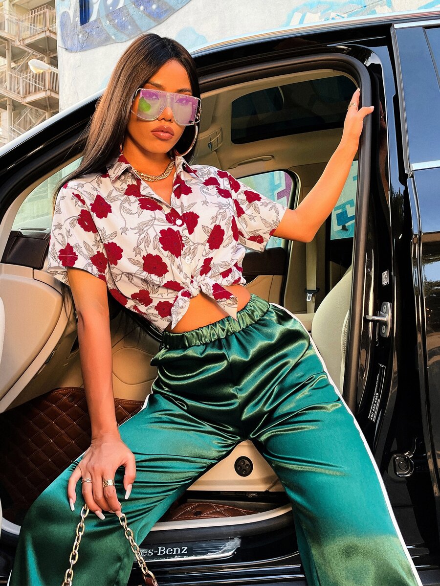 Áo sơ mi Hương hoa ngẫu nhiên In - Đỏ và trắng - Xem 1