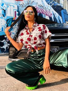 Áo sơ mi Hương hoa ngẫu nhiên In - Đỏ và trắng - Xem 5