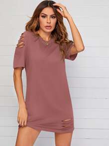 SHEIN LUNE Ripped Detail Solid Tee Dress - Redwood - View 1