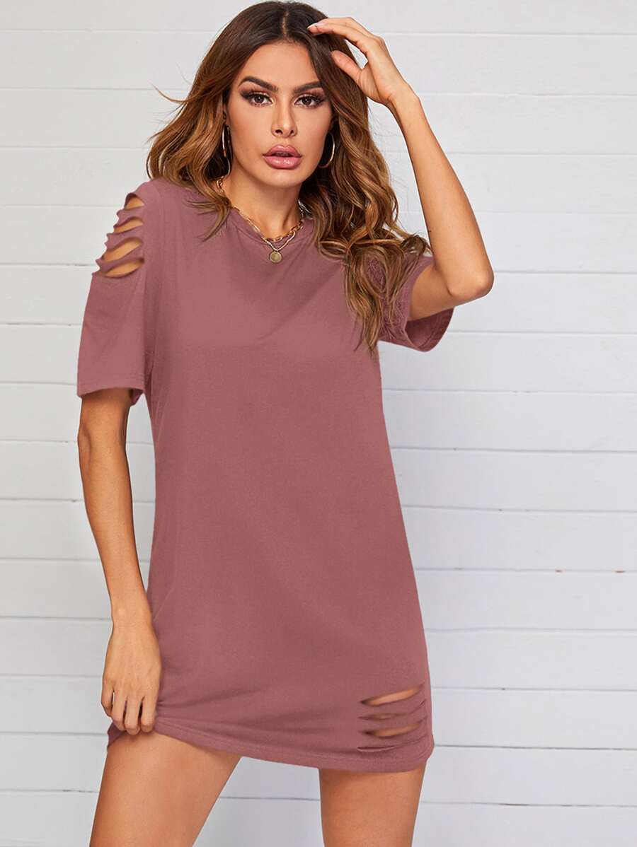 SHEIN LUNE Ripped Detail Solid Tee Dress - Redwood - View 1