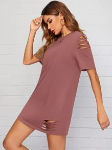 SHEIN LUNE Ripped Detail Solid Tee Dress - Redwood - View 5