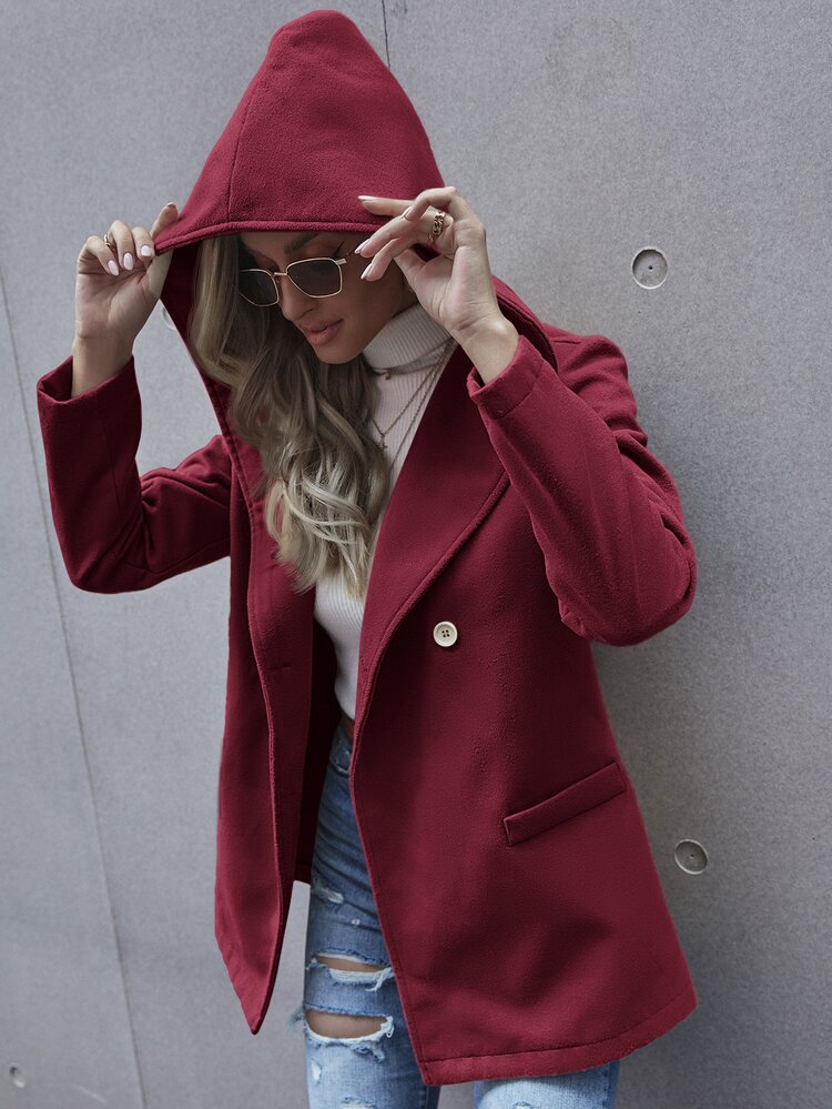 Double Breasted Hooded Pea Coat - Burgundy - View 4