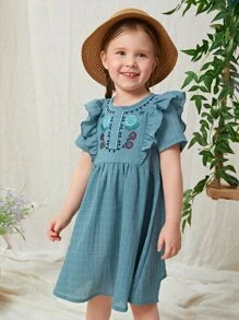 SHEIN Toddler Girls Ruffle Trim Floral Embroidery Smock Dress - Cadet Blue - View 3
