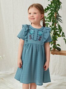 SHEIN Toddler Girls Ruffle Trim Floral Embroidery Smock Dress - Cadet Blue - View 4