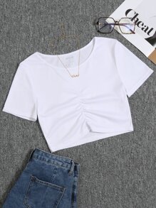 Ribbed Knit Ruched Tee - White - View 1