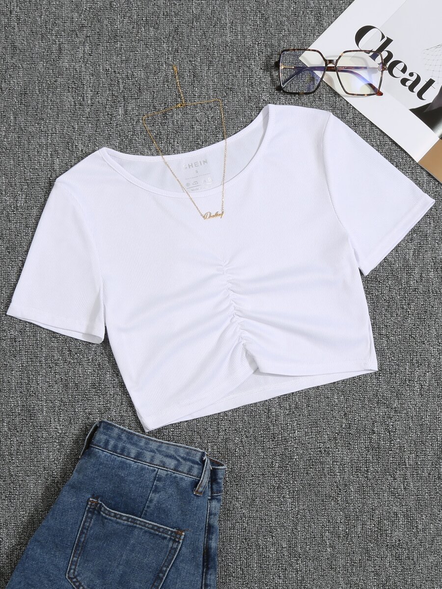 Ribbed Knit Ruched Tee - White - View 1