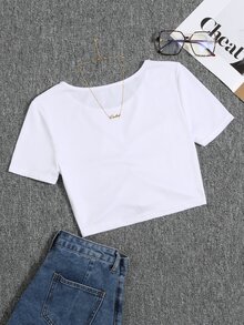 Ribbed Knit Ruched Tee - White - View 2