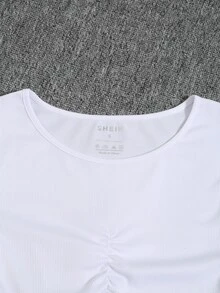 Ribbed Knit Ruched Tee - White - View 3