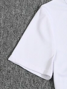 Ribbed Knit Ruched Tee - White - View 4