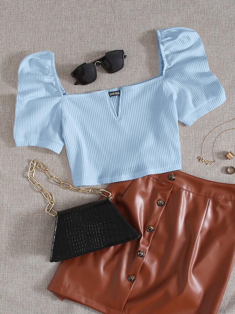 Soleia Ribbed V-Wire Puff Sleeve Crop Top - Baby Blue - View 1