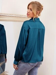 BizChic Drop Shoulder Solid Satin Shirt Workwear - Teal Blue - View 2