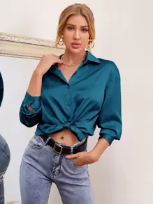BizChic Drop Shoulder Solid Satin Shirt Workwear - Teal Blue - View 3
