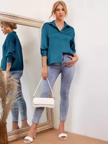 BizChic Drop Shoulder Solid Satin Shirt Workwear - Teal Blue - View 4