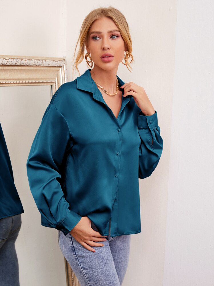 BizChic 落肩袖素色緞面襯衫工作服 - 水鴨藍 - 查看 6
