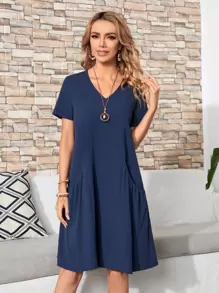 EMERY ROSE Vestido túnico unicolor con parche de bolsillo escote V - Azul Marino - Ver 4