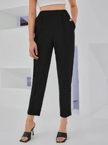 SHEIN Elastic Waist Carrot Cropped Trousers - Black - View 1