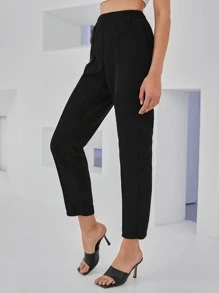 SHEIN Elastic Waist Carrot Cropped Trousers - Black - View 3