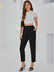 SHEIN Elastic Waist Carrot Cropped Trousers - Black - View 4