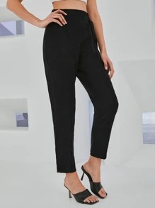 SHEIN Elastic Waist Carrot Cropped Trousers - Black - View 5