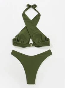 Plain Halter High Cut Push Up Bikini, For Summer Beach Vacation - Army Green - View 3