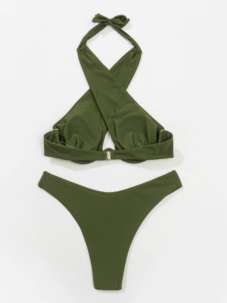 Plain Halter High Cut Push Up Bikini, For Summer Beach Vacation - Army Green - View 3