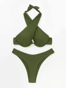 Plain Halter High Cut Push Up Bikini, For Summer Beach Vacation - Army Green - View 5