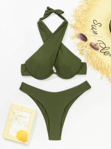 Plain Halter High Cut Push Up Bikini, For Summer Beach Vacation - Army Green - View 6