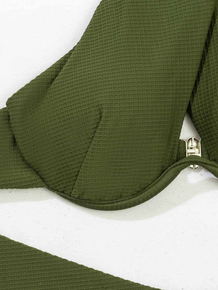 Plain Halter High Cut Push Up Bikini, For Summer Beach Vacation - Army Green - View 7