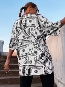 StreetHx 美元圖案落肩T恤 - 黑與白 - 查看 2