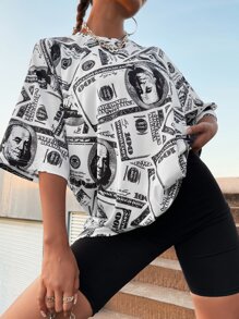 StreetHx 美元圖案落肩T恤 - 黑與白 - 查看 4
