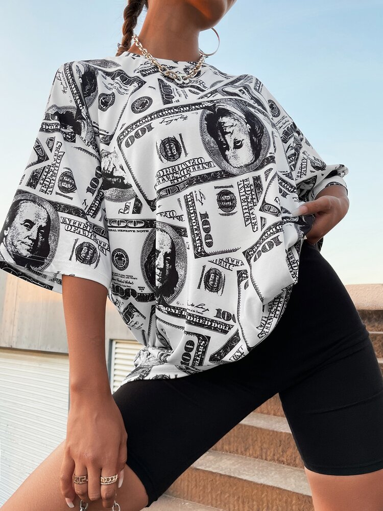 StreetHx 美元圖案落肩T恤 - 黑與白 - 查看 4