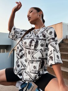 StreetHx 美元圖案落肩T恤 - 黑與白 - 查看 5