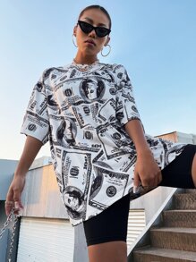 StreetHx 美元圖案落肩T恤 - 黑與白 - 查看 6