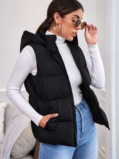 SHEIN Frenchy Zipper Up Slant Pocket Black Hooded Sleeveless Padded Coat In Fall/Winter Casual