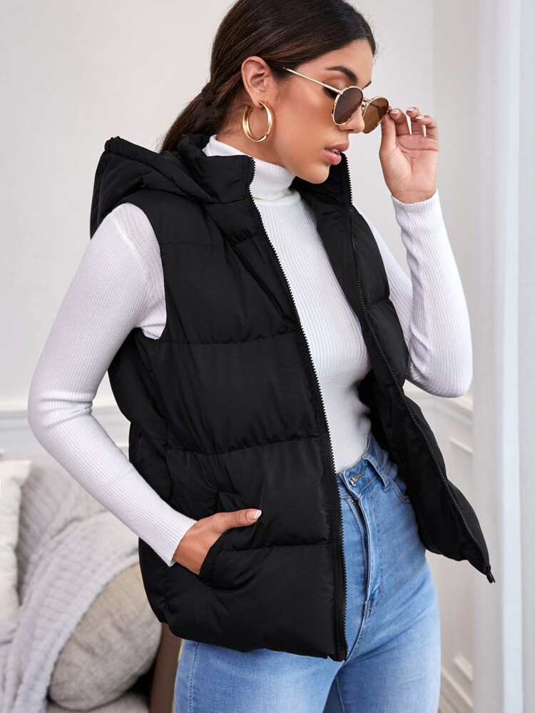 Zipper Up Slant Pocket Black Hooded Sleeveless Padded Coat In Fall/Winter Casual