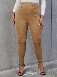 Flirla Plus High Waist Button Detail Skinny Trousers - Camel - View 1