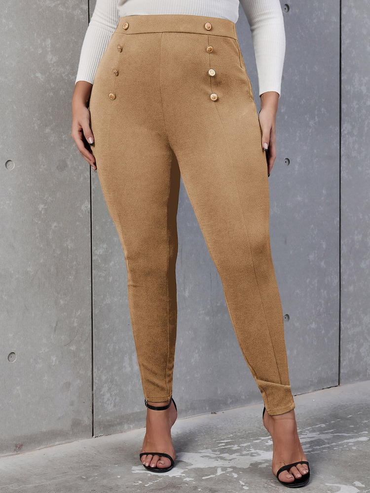 Flirla Plus High Waist Button Detail Skinny Pants - Camel - View 3