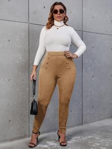 Flirla Plus High Waist Button Detail Skinny Trousers - Camel - View 5